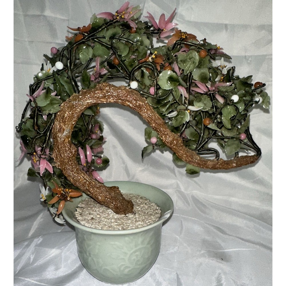Vintage Chinese Jade Quartz Stone Glass Bonsai Tree Pink  Slight damage See Pics
